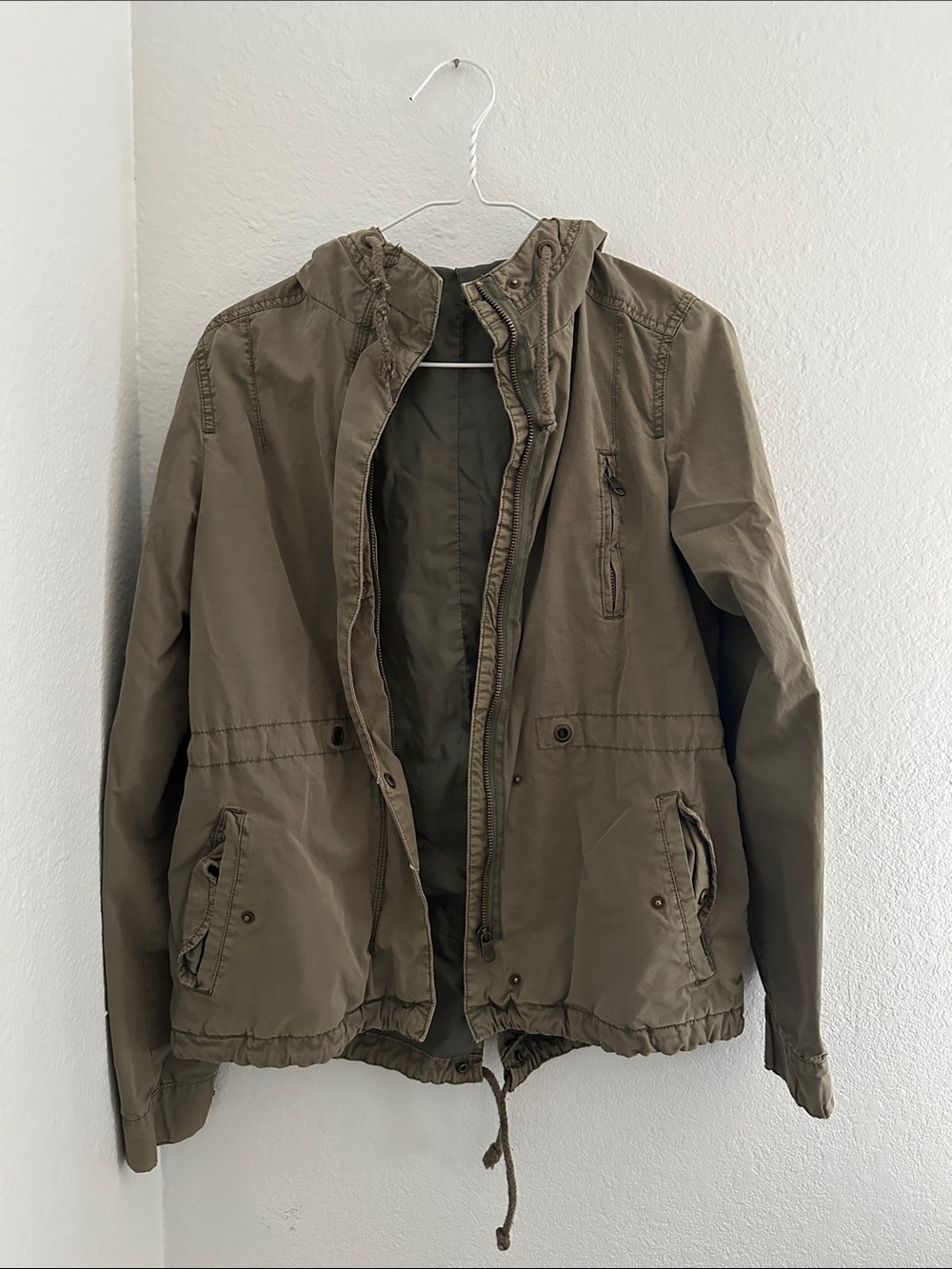 Divided Olive Green Military-Style Hooded Field Jacket